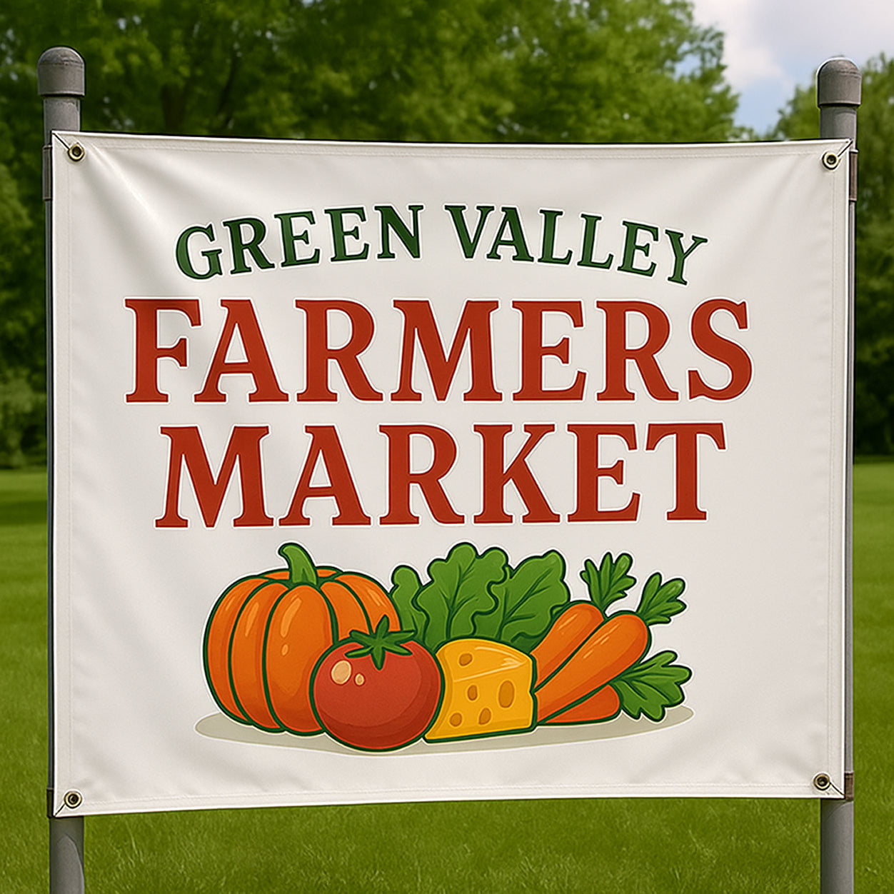 Farmers market vinyl banner on poles