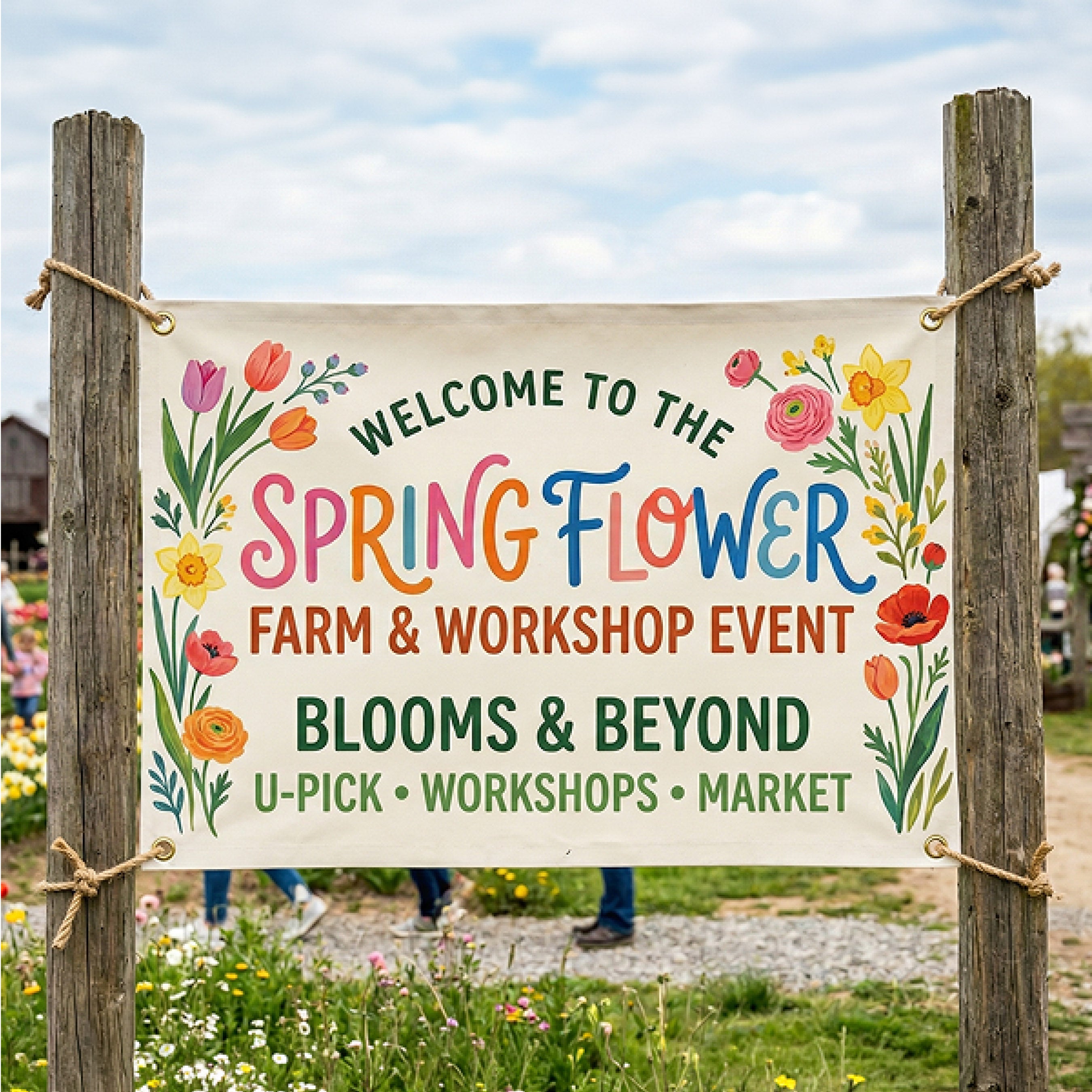Flower farm event vinyl banner between posts